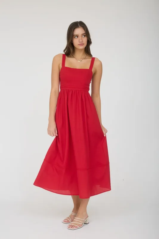 Red Linen Blend Sleeveless Midi Dress sold by Pinkblush