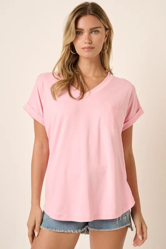 Light Pink V-Neck Pocket Short Sleeve Shirt sold by Pinkblush