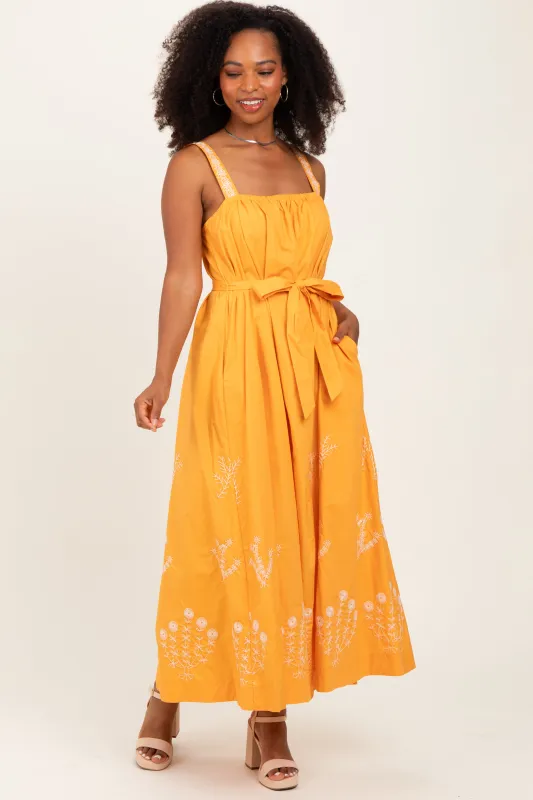 Orange Embroidered Sleeveless Sash Tie Maxi Dress made by Pinkblush