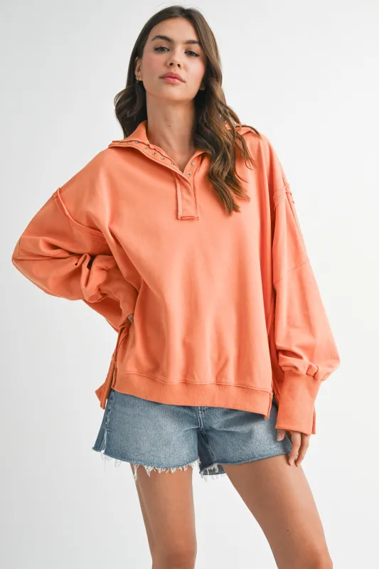 Orange Snap Button Pullover Henley Sweatshirt sold by Pinkblush