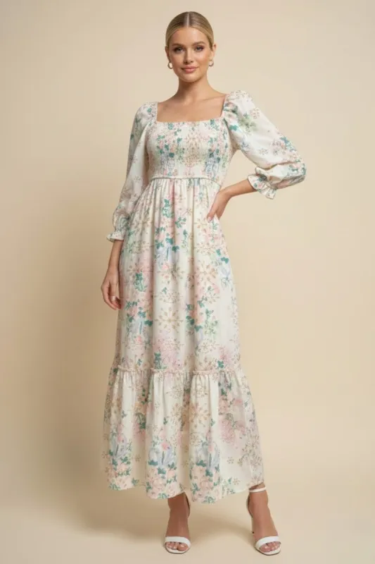 Ivory Floral Smocked 3/4 Sleeve Maxi Dress sold by Pinkblush