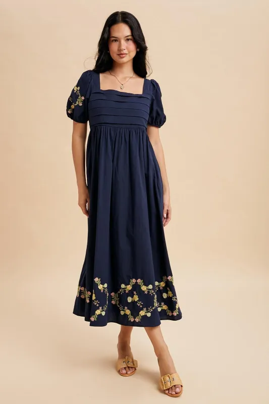 Navy Embroidered Floral Pleated Bodice Maxi Dress sold by Pinkblush