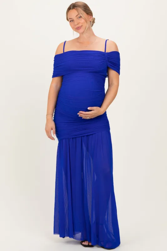 Royal Blue Ruched Mesh Off Shoulder Maternity Maxi Dress sold by Pinkblush