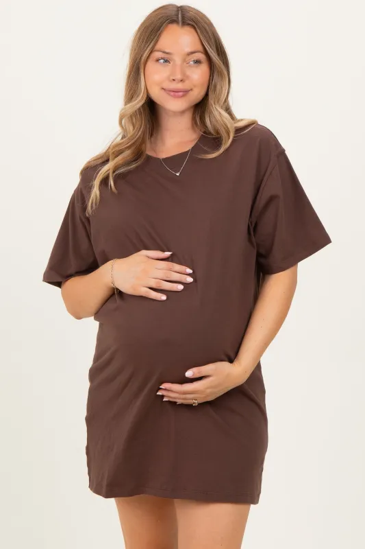 Brown Crewneck Short Sleeve Maternity T-Shirt Dress sold by Pinkblush