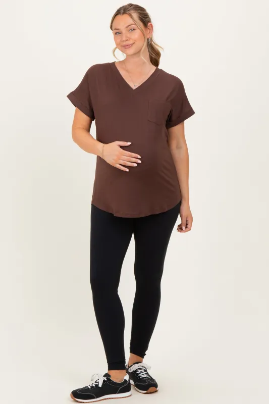 Brown V-Neck Pocket Short Sleeve Maternity Shirt made by Pinkblush