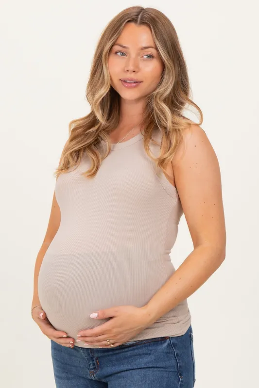 Beige Ribbed High Neck Maternity Tank Top sold by Pinkblush