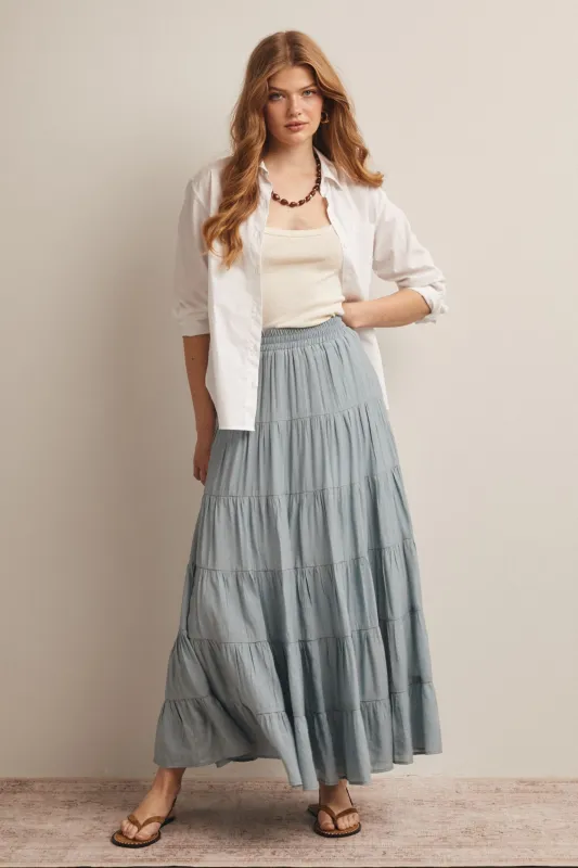 Sage Tiered Maxi Skirt sold by Pinkblush
