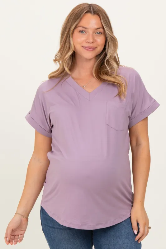 Lavender V-Neck Pocket Short Sleeve Maternity Shirt sold by Pinkblush