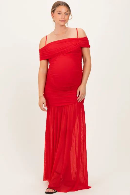 Red Ruched Mesh Off Shoulder Maternity Maxi Dress sold by Pinkblush