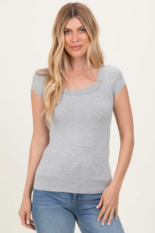 Heather Grey Ribbed Rounded Square Neck Top sold by Pinkblush