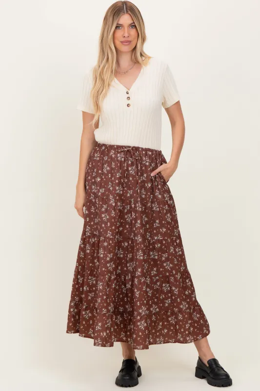 Brown Floral Tiered Maxi Skirt sold by Pinkblush