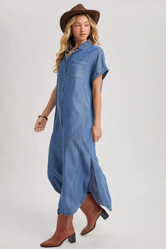 Blue Chambray Button Down Shirt Dress sold by Pinkblush