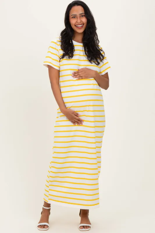 Yellow Striped Side Slit Maternity Maxi Dress sold by Pinkblush