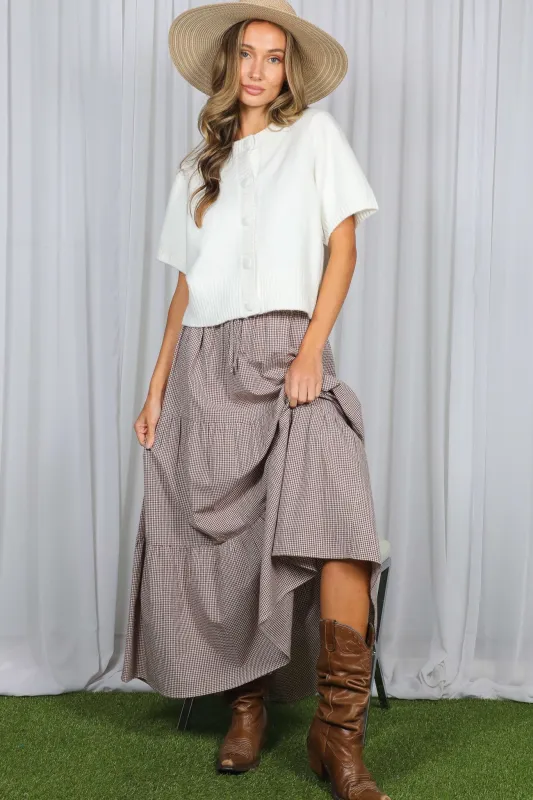 Brown Gingham Tiered Maxi Skirt sold by Pinkblush