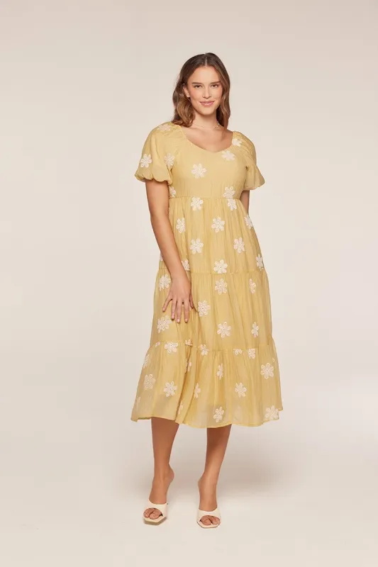 Saffron Yellow Embroidered Floral Tiered Midi Dress sold by Pinkblush