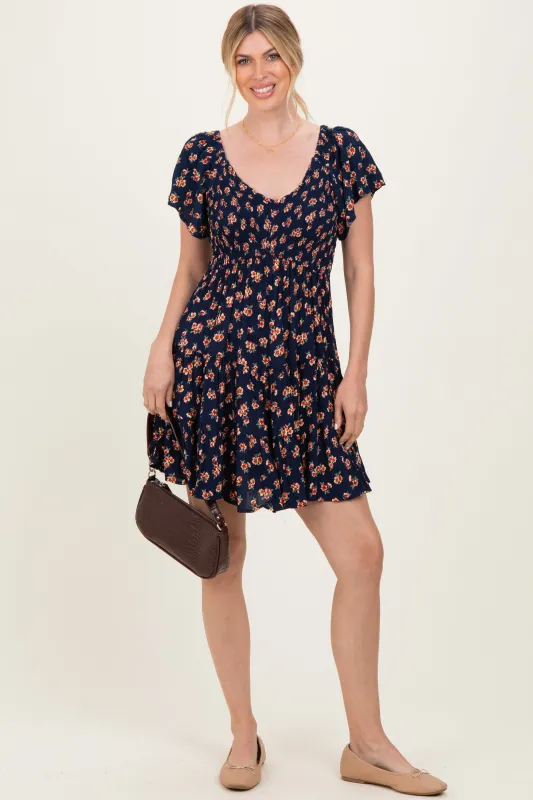 Navy Floral Smocked V-Neck Midi Dress sold by Pinkblush