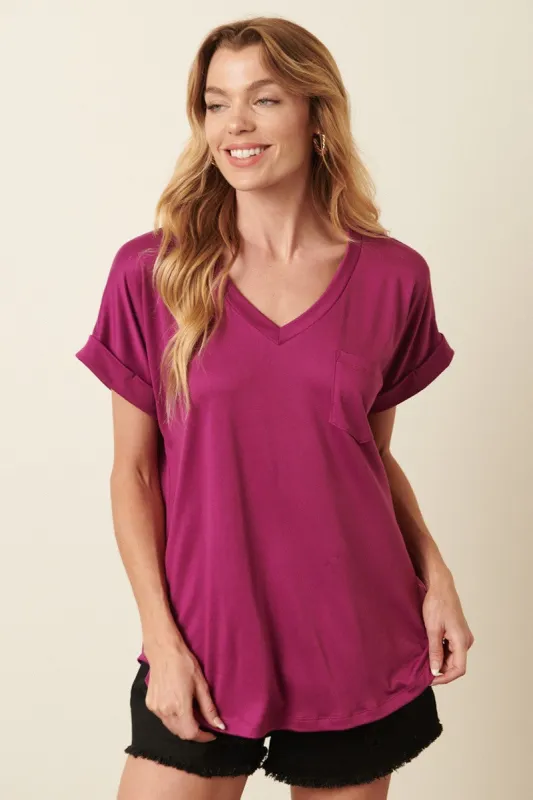Magenta V-Neck Pocket Short Sleeve Shirt made by Pinkblush