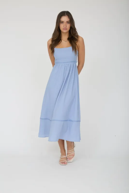 Dusty Blue Linen Blend Sleeveless Midi Dress sold by Pinkblush