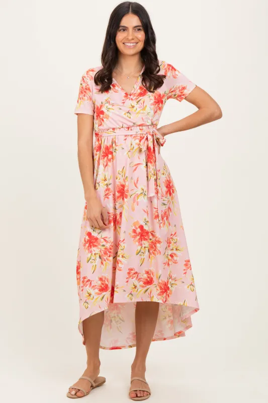 Peach Floral Print Short Sleeve Hi-Low Wrap Dress sold by Pinkblush