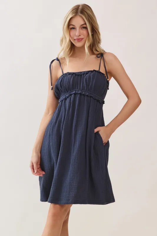 Navy Cotton Gauze Ruffle Shoulder Tie Mini Dress sold by Pinkblush