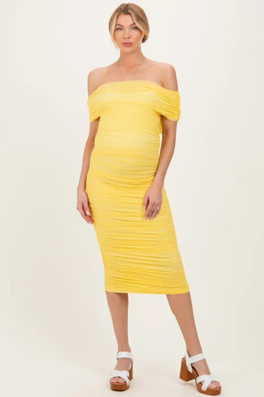 Lemon Ruched Mesh Off Shoulder Maternity Midi Dress sold by Pinkblush