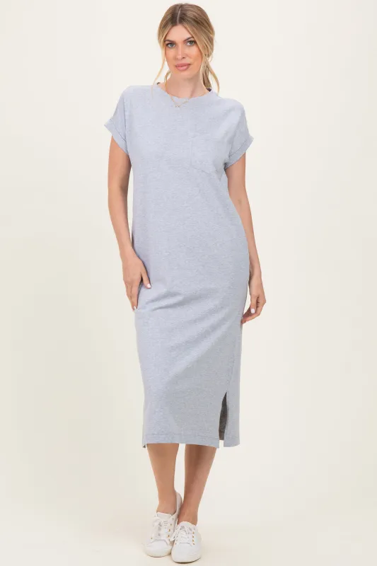 Heather Grey Pocket Front Midi T-Shirt Dress sold by Pinkblush