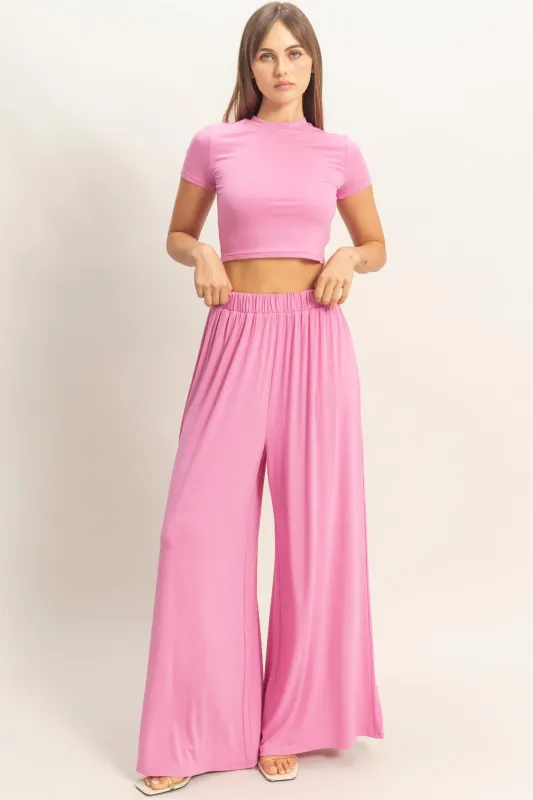 Pink Short Sleeve Crop Top Wide Leg Pant Set sold by Pinkblush