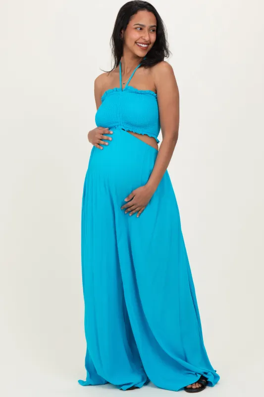 Aqua Blue Smocked Drawstring Halter Side Cutout Maternity Jumpsuit sold by Pinkblush