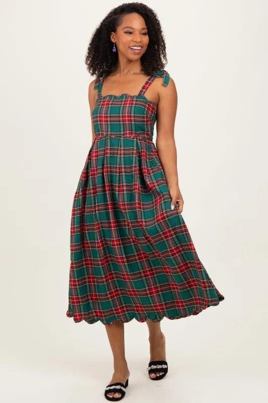 Green Plaid Shoulder Tie Scallop Hem Midi Dress sold by Pinkblush