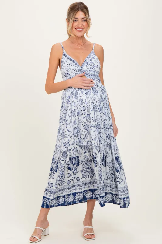 Ivory Floral Twisted Front Maternity Maxi Dress sold by Pinkblush