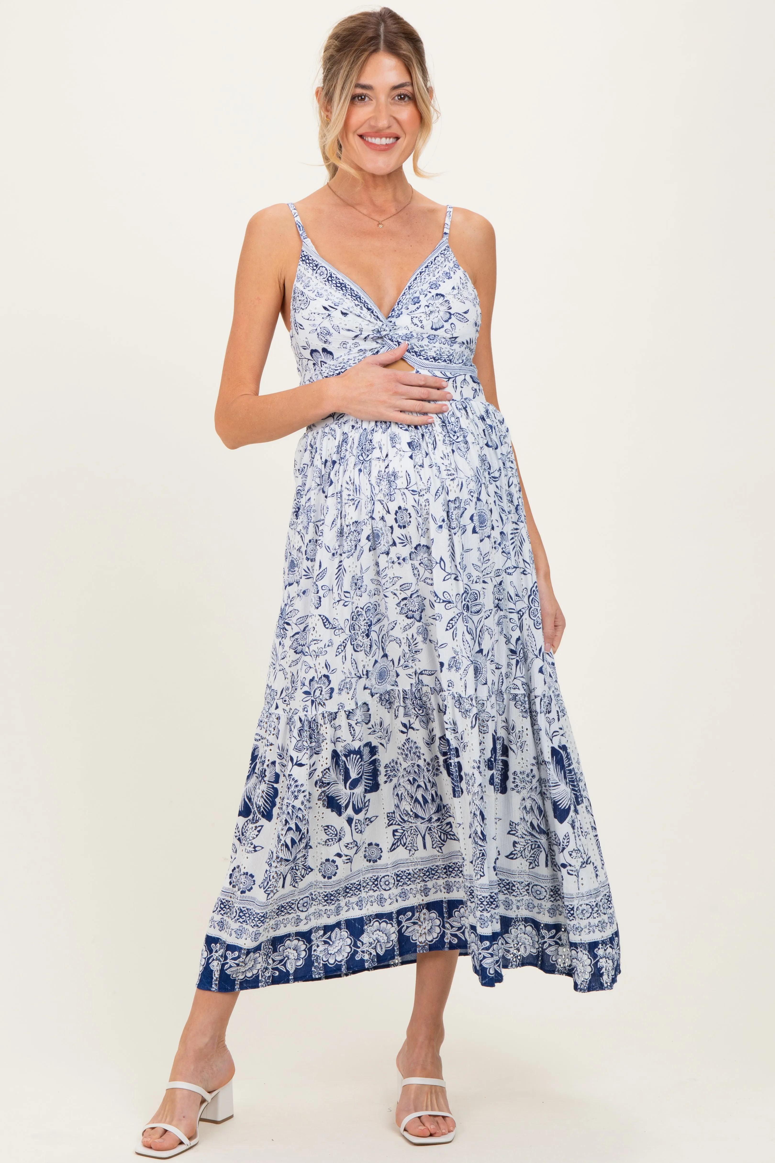 Ivory Floral Twisted Front Maternity Maxi Dress sold by Pinkblush