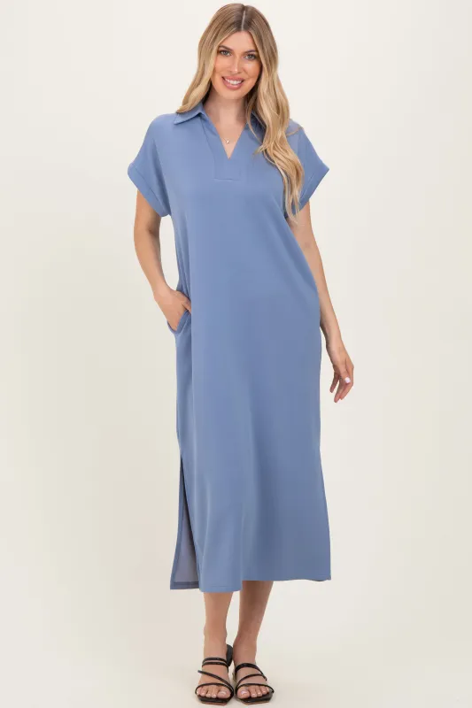 Dusty Blue Collared Short Sleeve Midi Dress sold by Pinkblush