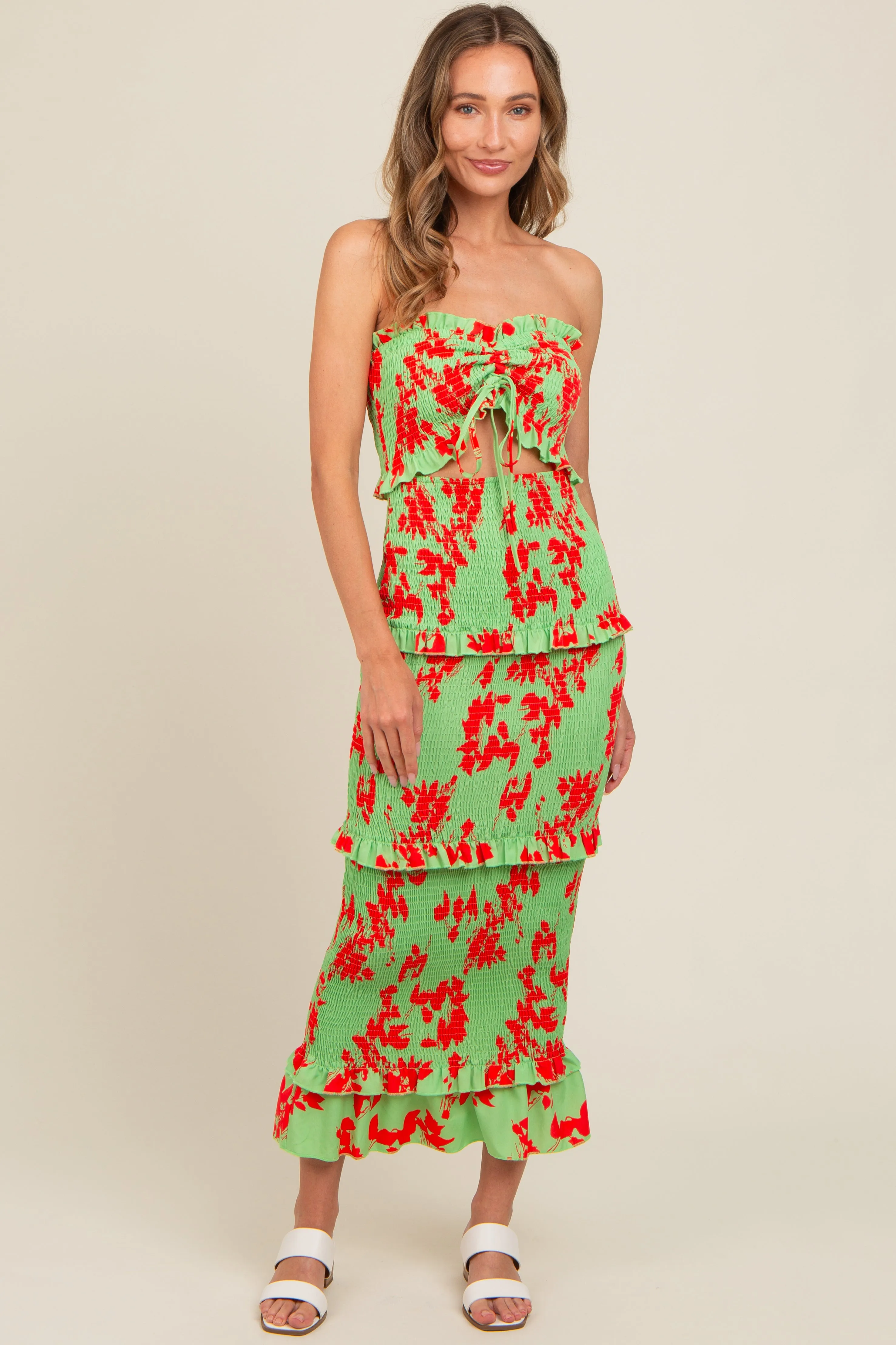 Lime Floral Smocked Drawstring Front Cutout Ruffle Trim Maternity Midi Dress sold by Pinkblush product image thumbnail 5