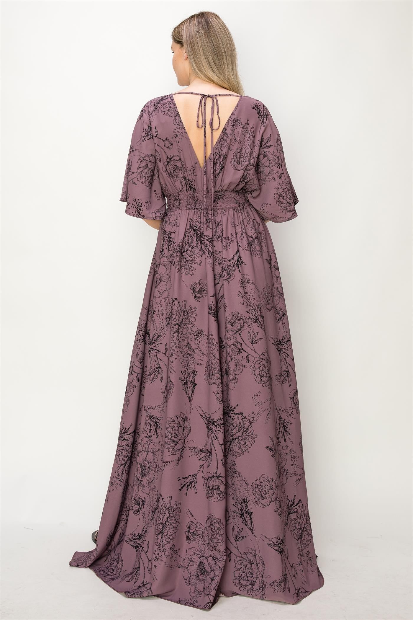 Plum Floral Waist Band V-Neck Slit Maxi Dress sold by Pinkblush product image thumbnail 3