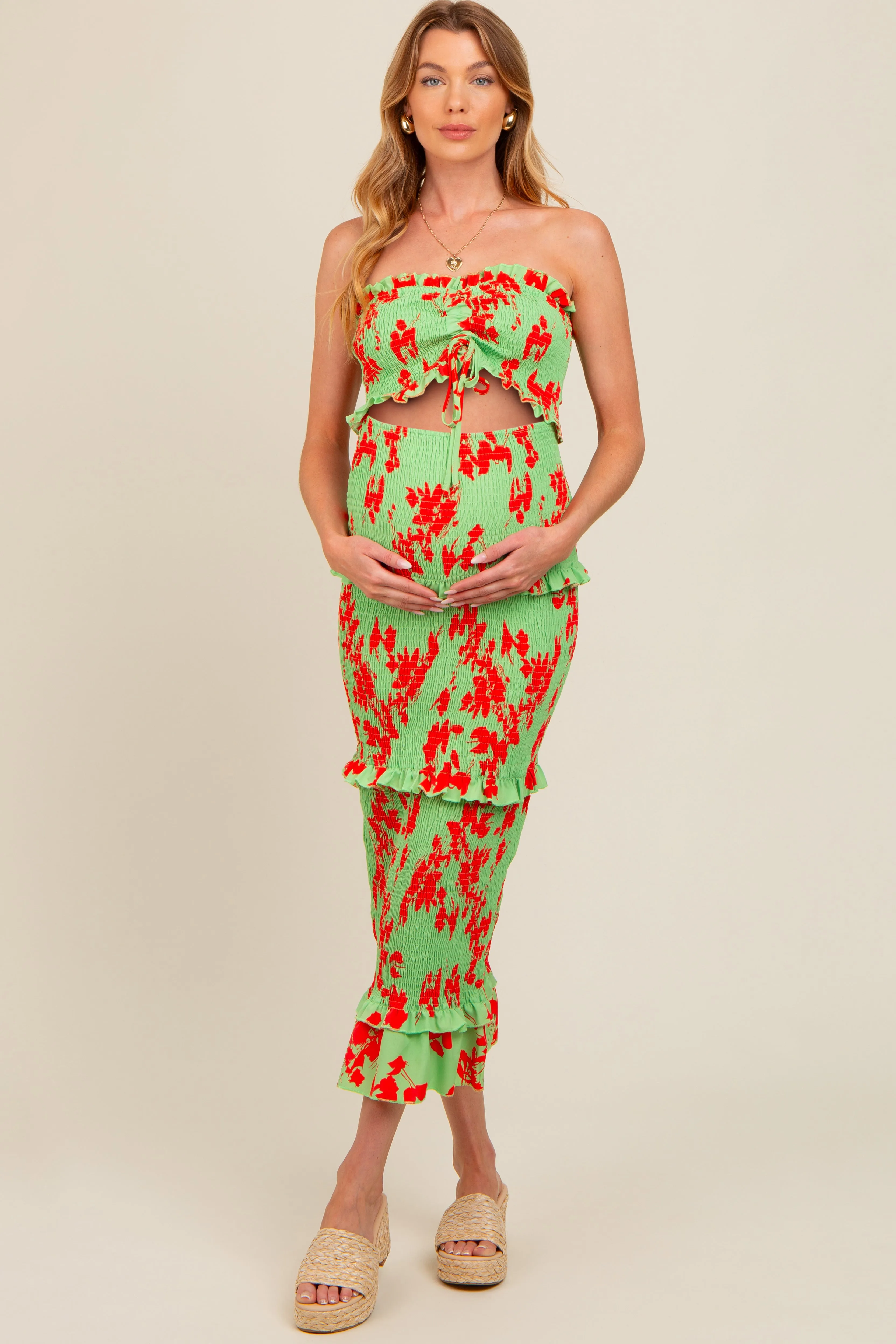 Lime Floral Smocked Drawstring Front Cutout Ruffle Trim Maternity Midi Dress sold by Pinkblush product image thumbnail 2