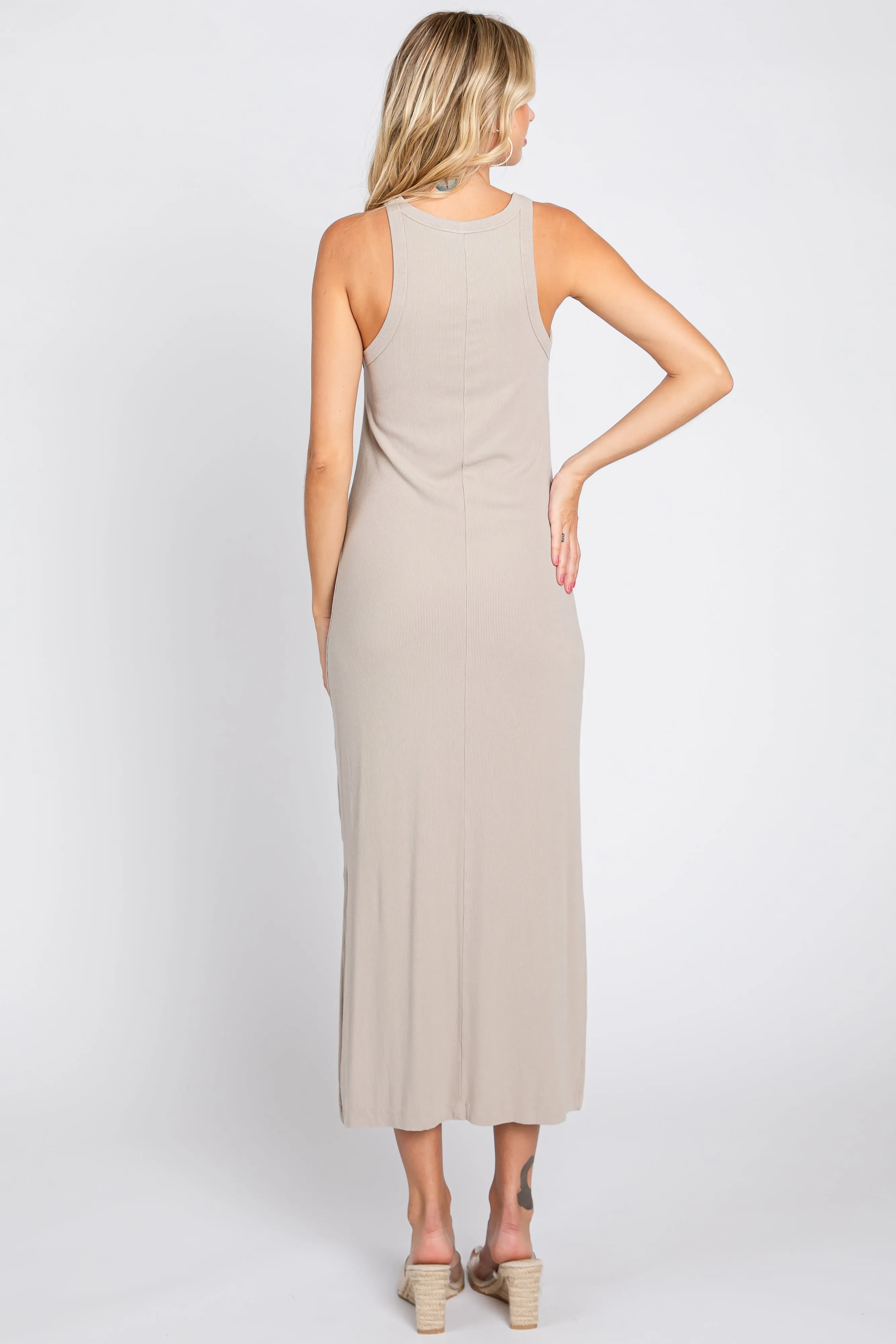 Taupe Sleeveless Ribbed Side Slit Maxi Dress sold by Pinkblush product image thumbnail 3