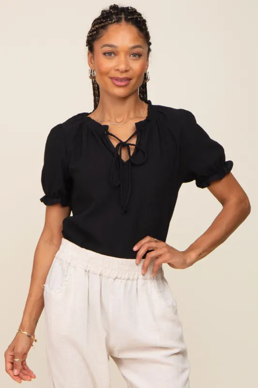 Black Ruffle Accent Tie Front Blouse sold by Pinkblush