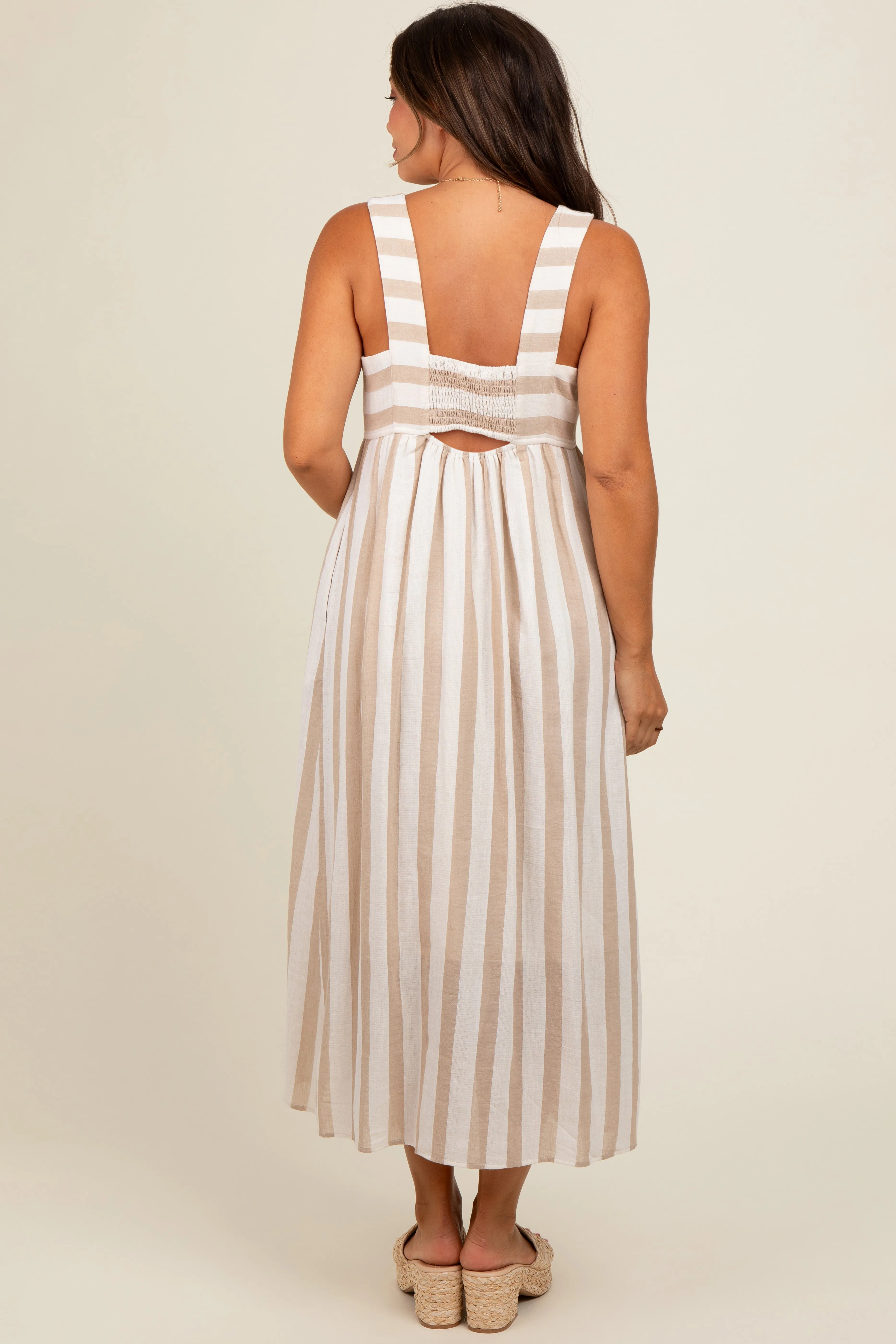 Beige Striped Wide Strap Maternity Midi Dress sold by Pinkblush product image thumbnail 4