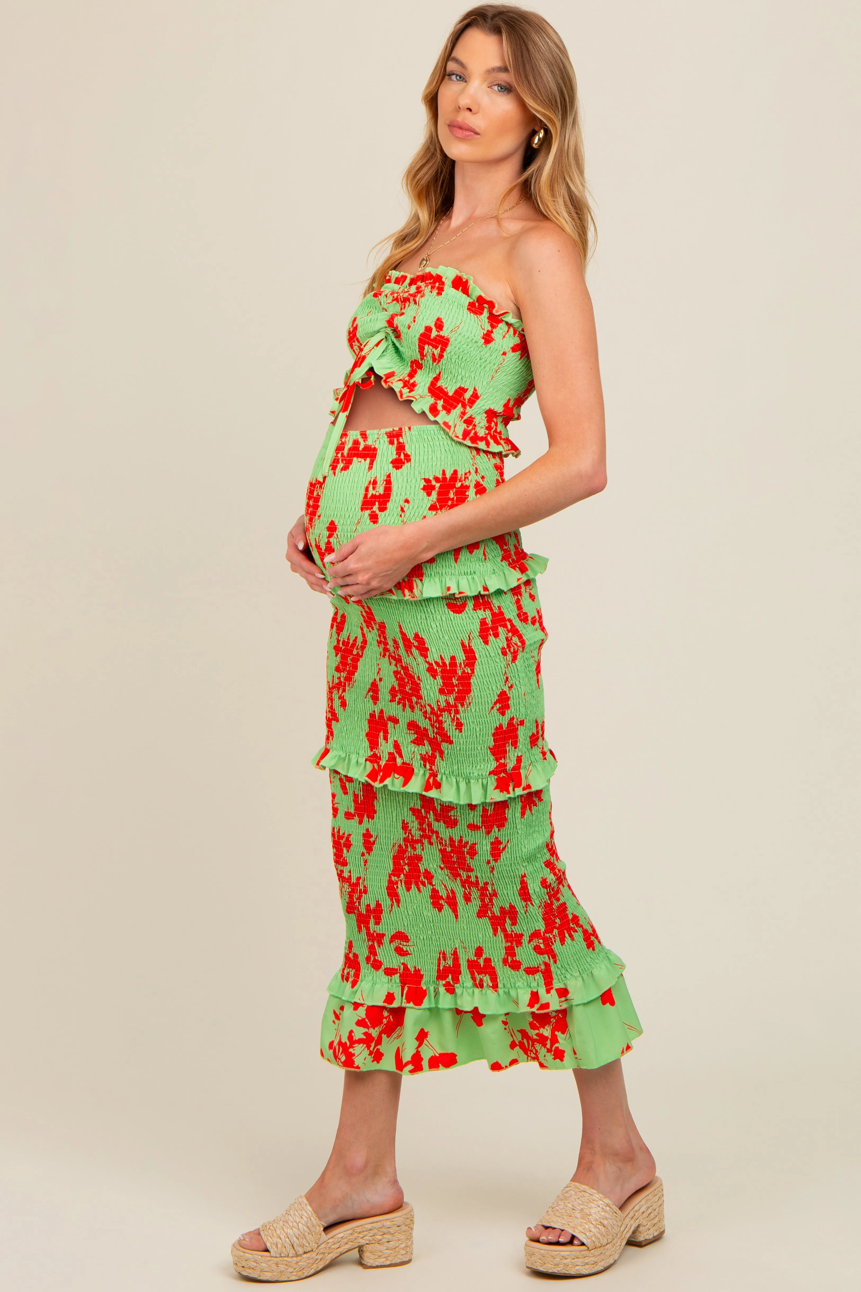 Lime Floral Smocked Drawstring Front Cutout Ruffle Trim Maternity Midi Dress sold by Pinkblush product image thumbnail 3