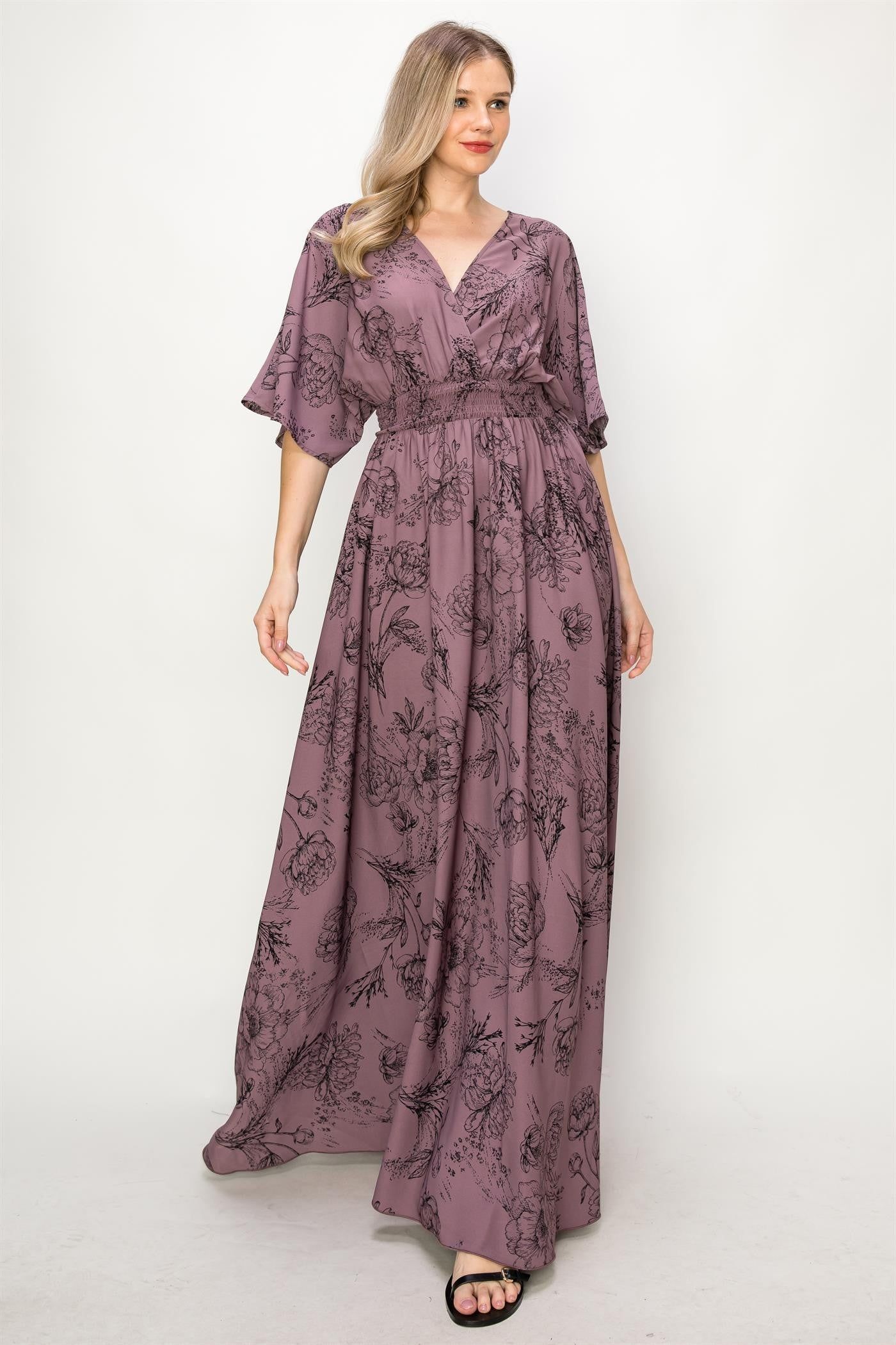 Plum Floral Waist Band V-Neck Slit Maxi Dress sold by Pinkblush