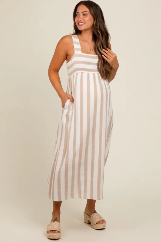 Beige Striped Wide Strap Maternity Midi Dress sold by Pinkblush