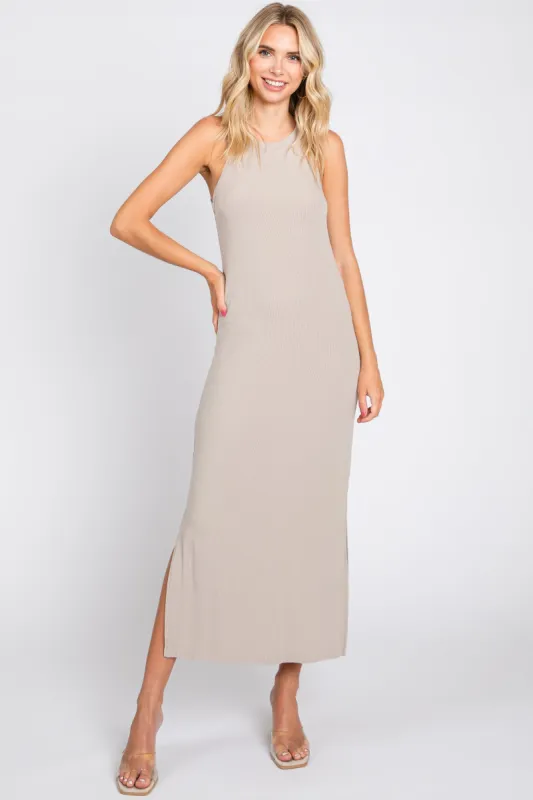 Taupe Sleeveless Ribbed Side Slit Maxi Dress sold by Pinkblush