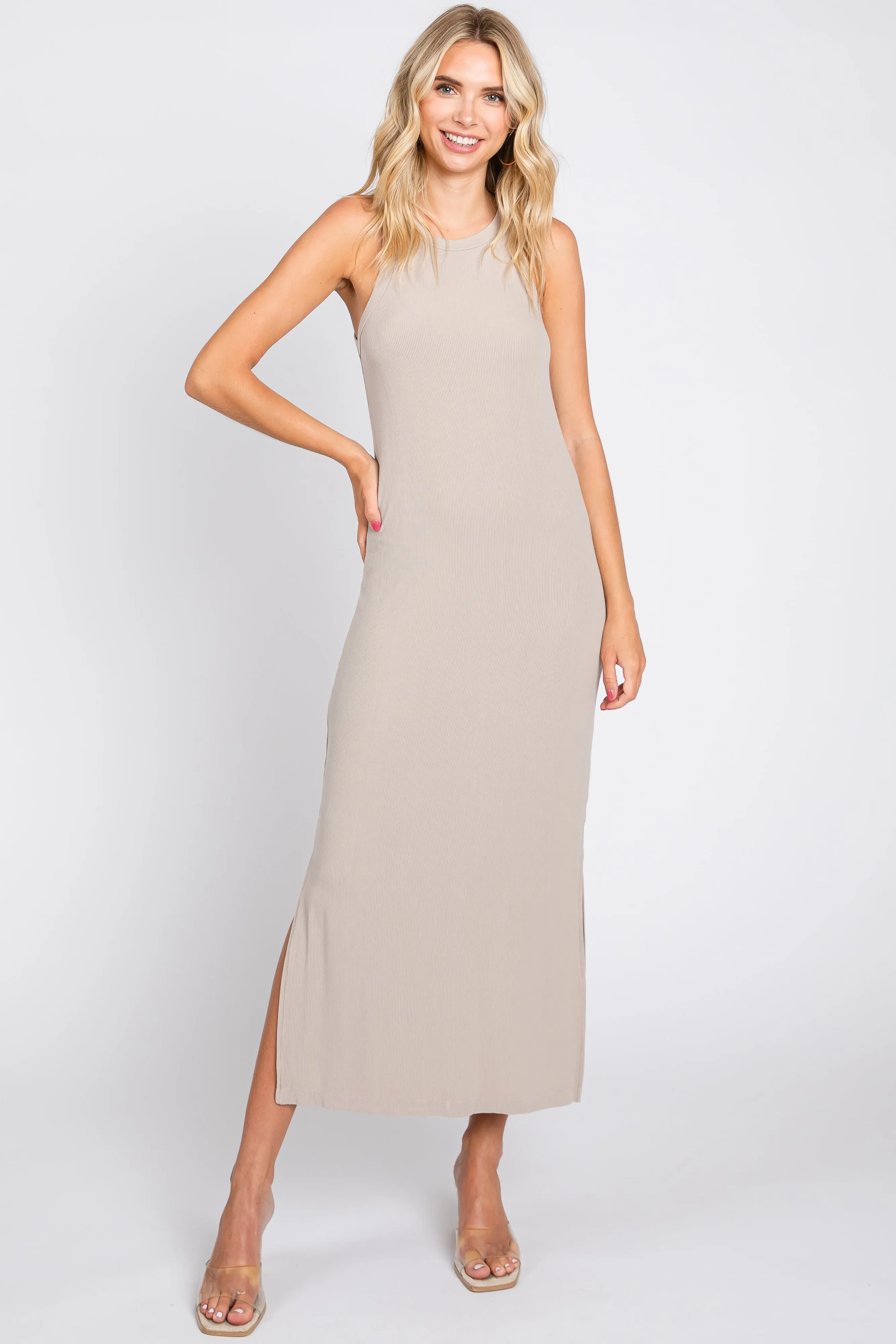 Taupe Sleeveless Ribbed Side Slit Maxi Dress sold by Pinkblush