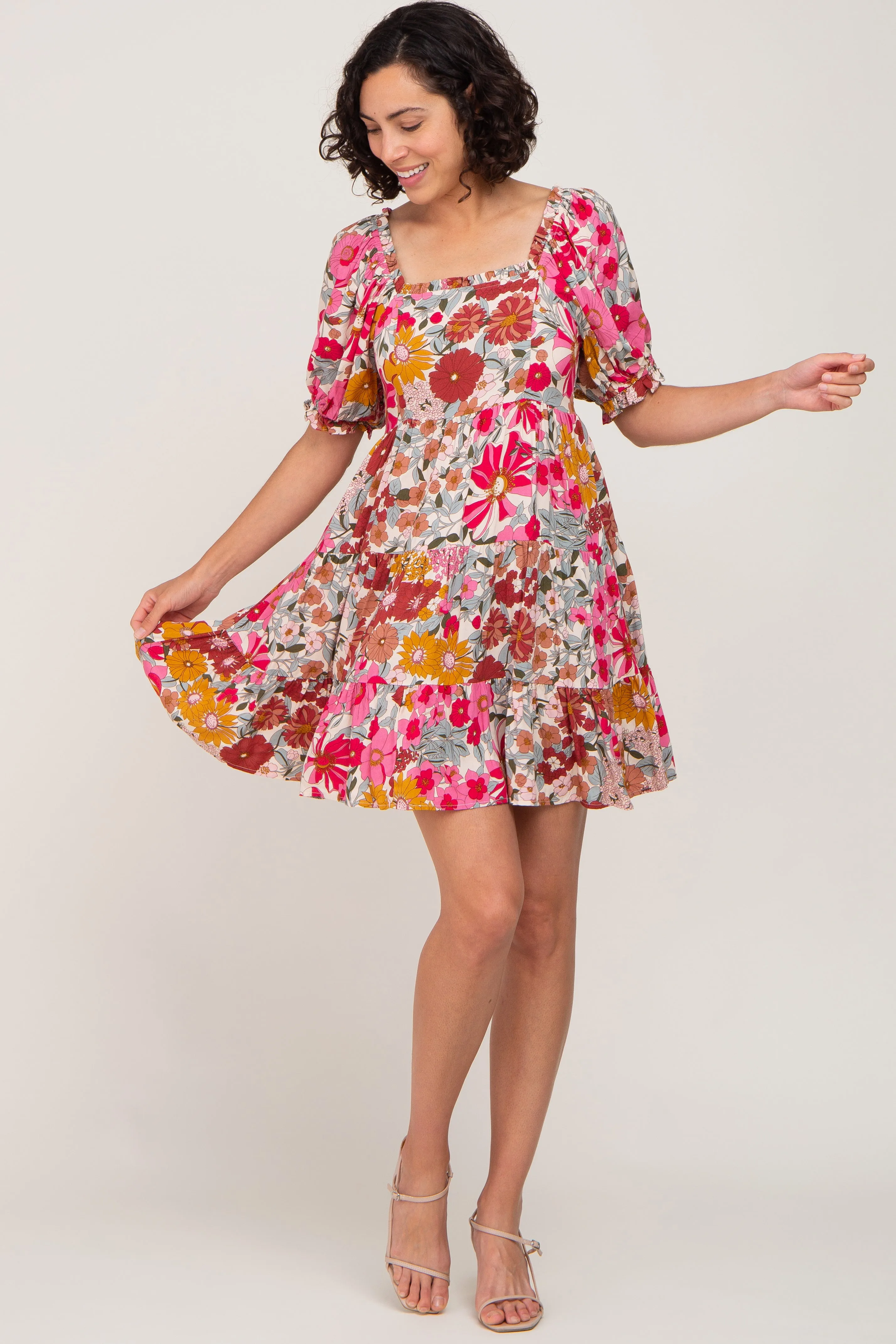 Fuchsia Floral Square Neck Ruffle Tiered Dress sold by Pinkblush product image thumbnail 4