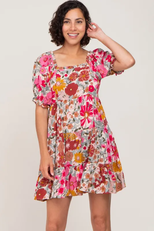 Fuchsia Floral Square Neck Ruffle Tiered Dress sold by Pinkblush