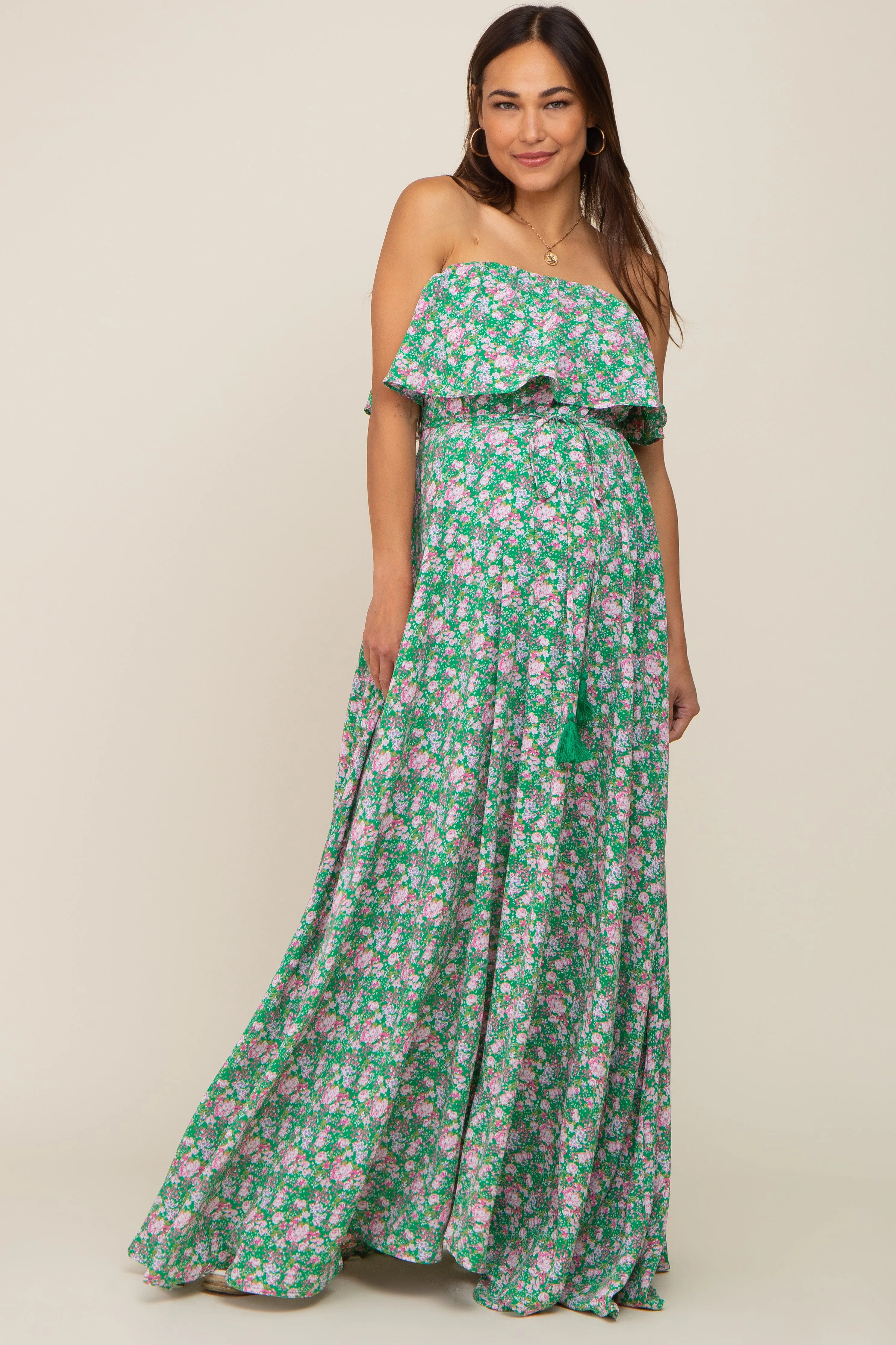 Green Floral Sleeveless Maternity Maxi Dress sold by Pinkblush