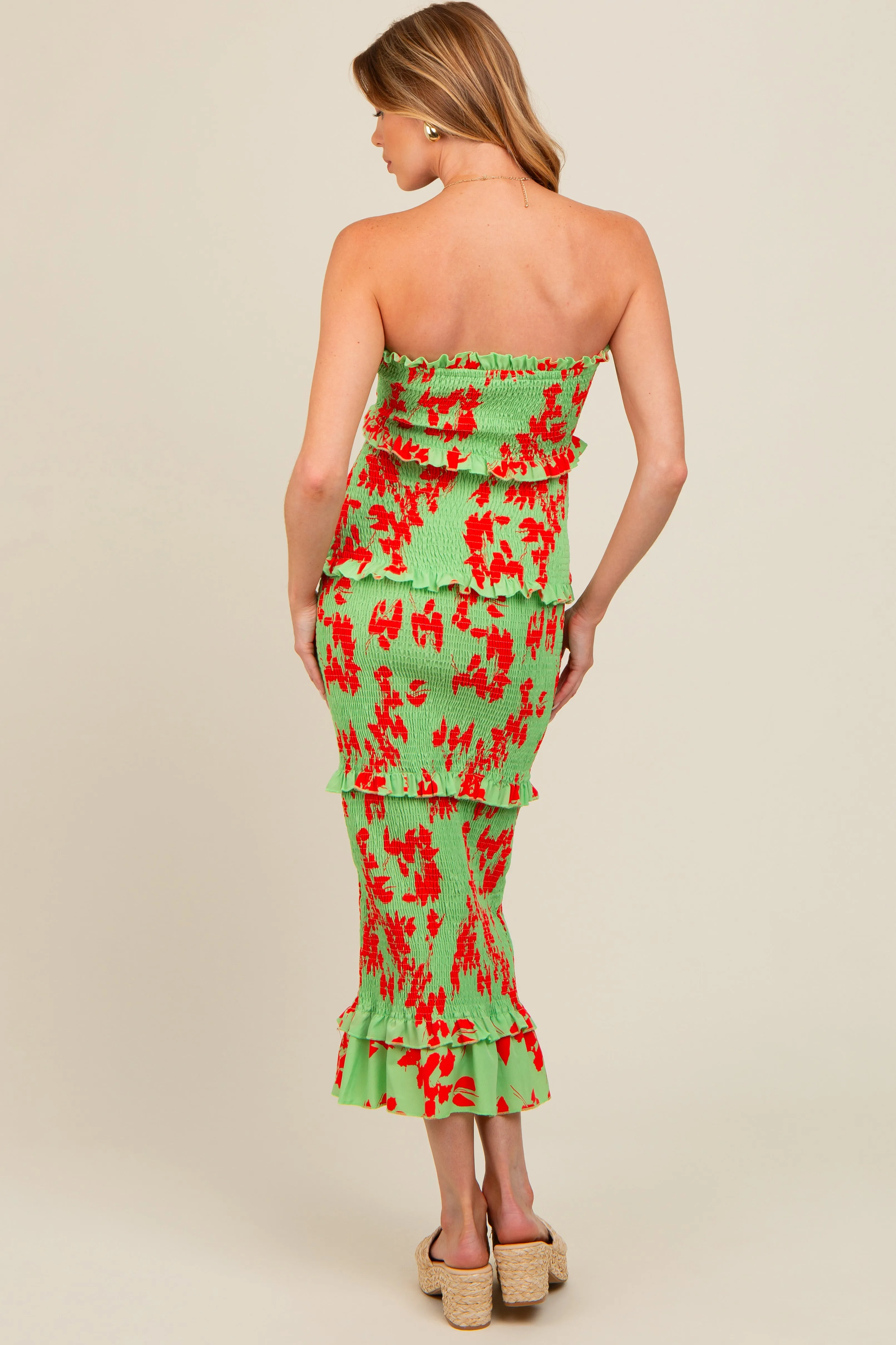 Lime Floral Smocked Drawstring Front Cutout Ruffle Trim Maternity Midi Dress sold by Pinkblush product image thumbnail 4