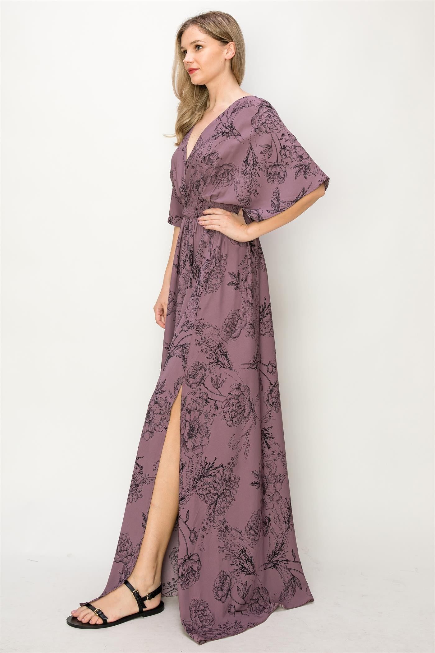 Plum Floral Waist Band V-Neck Slit Maxi Dress sold by Pinkblush product image thumbnail 2