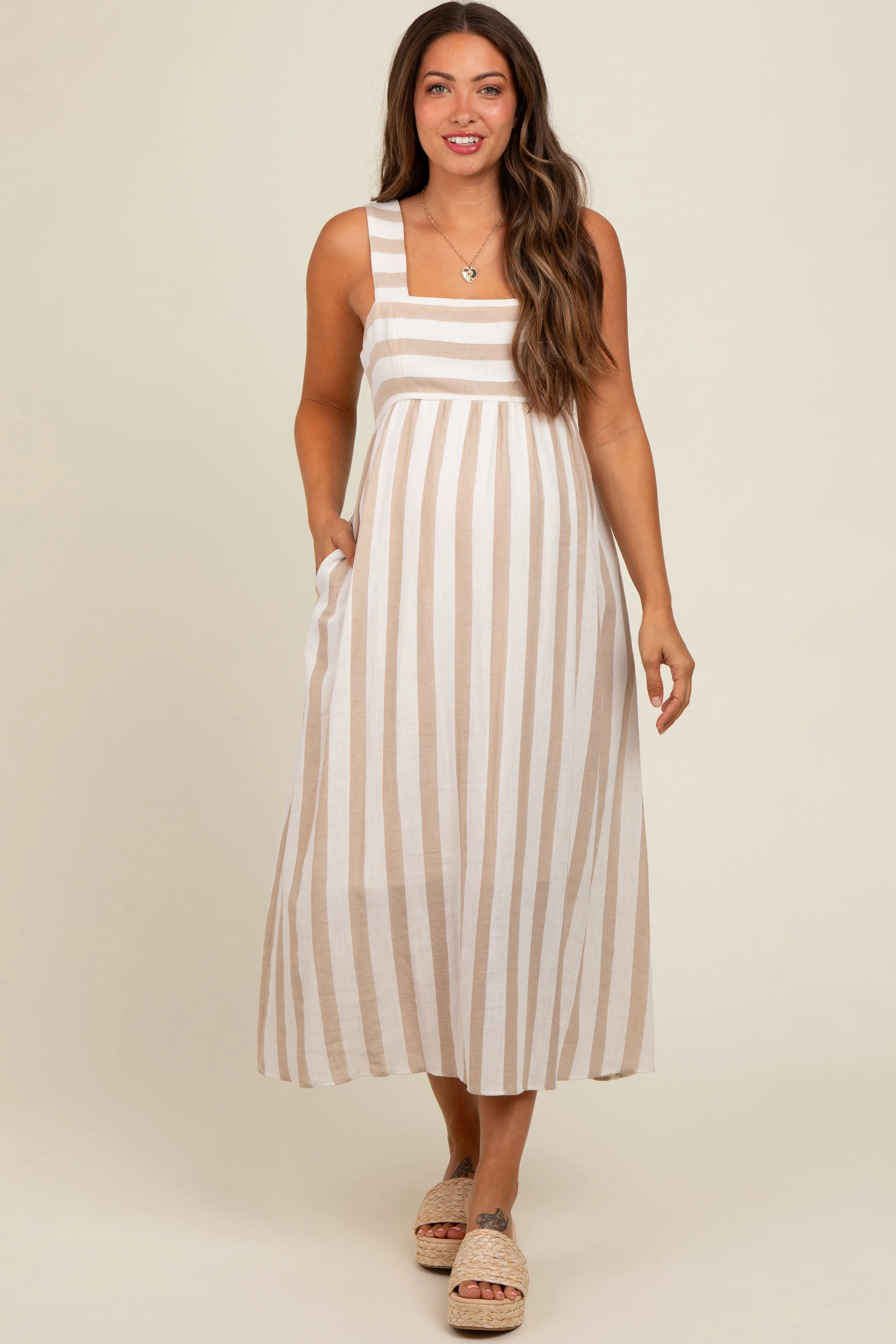 Beige Striped Wide Strap Maternity Midi Dress sold by Pinkblush product image thumbnail 2