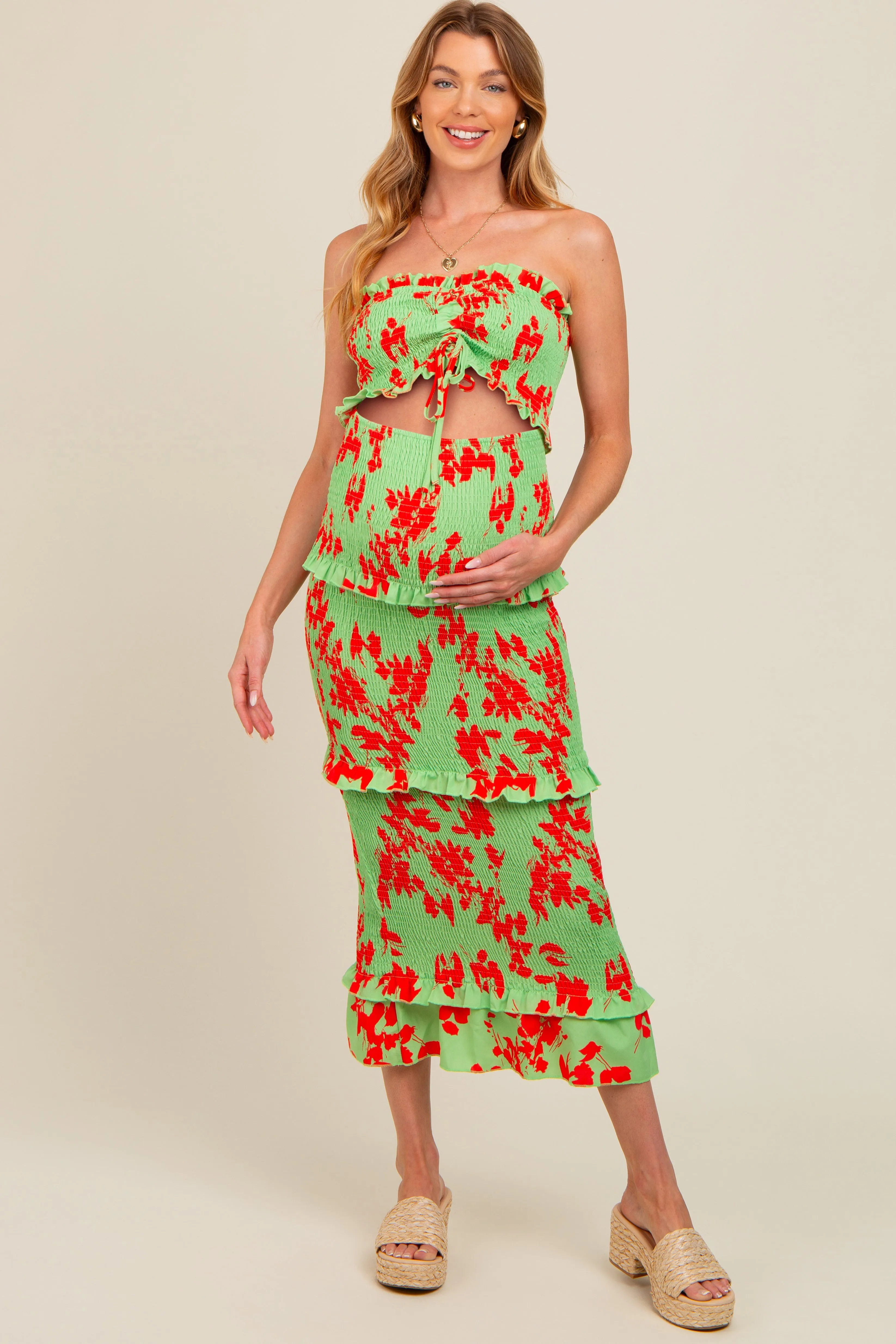 Lime Floral Smocked Drawstring Front Cutout Ruffle Trim Maternity Midi Dress sold by Pinkblush